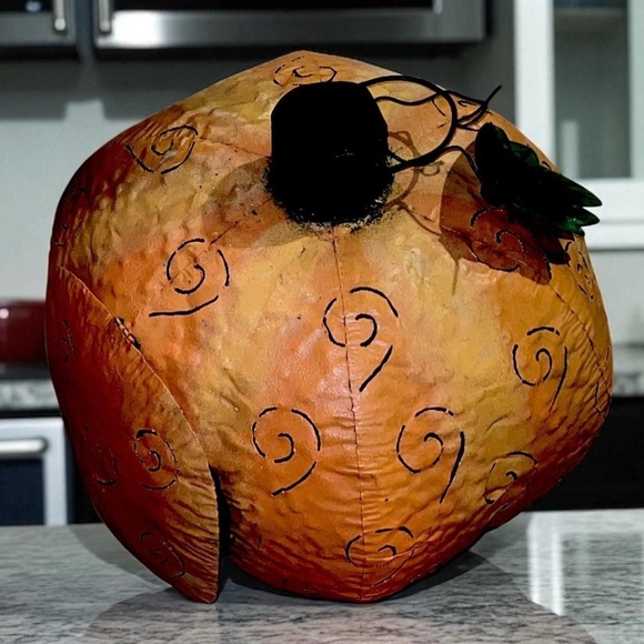 Vintage Halloween Huge Punched Tin Metal Jack O Lantern Pumpkin Candle Holder - Picture 5 of 5